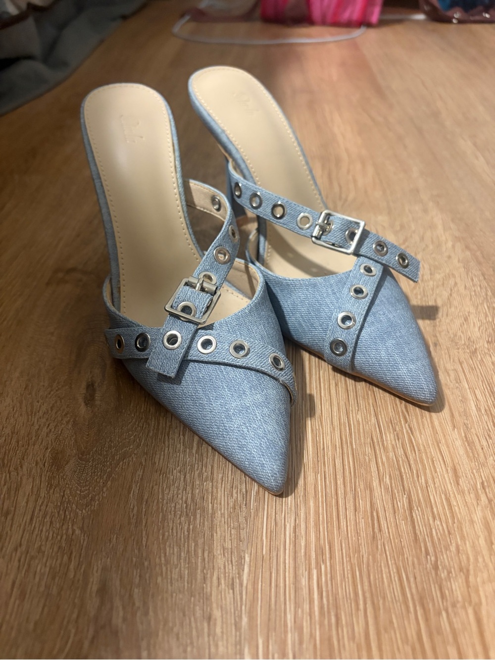 Never Worn Light Blue Denim Pointed-Toe Grommet Mules